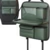 green leather back seat organizer with cup holder, tray table, and storage pockets.