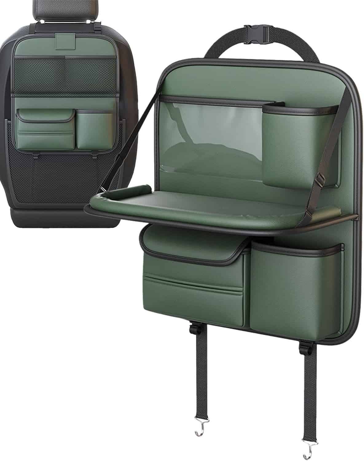green leather back seat organizer with cup holder, tray table, and storage pockets.