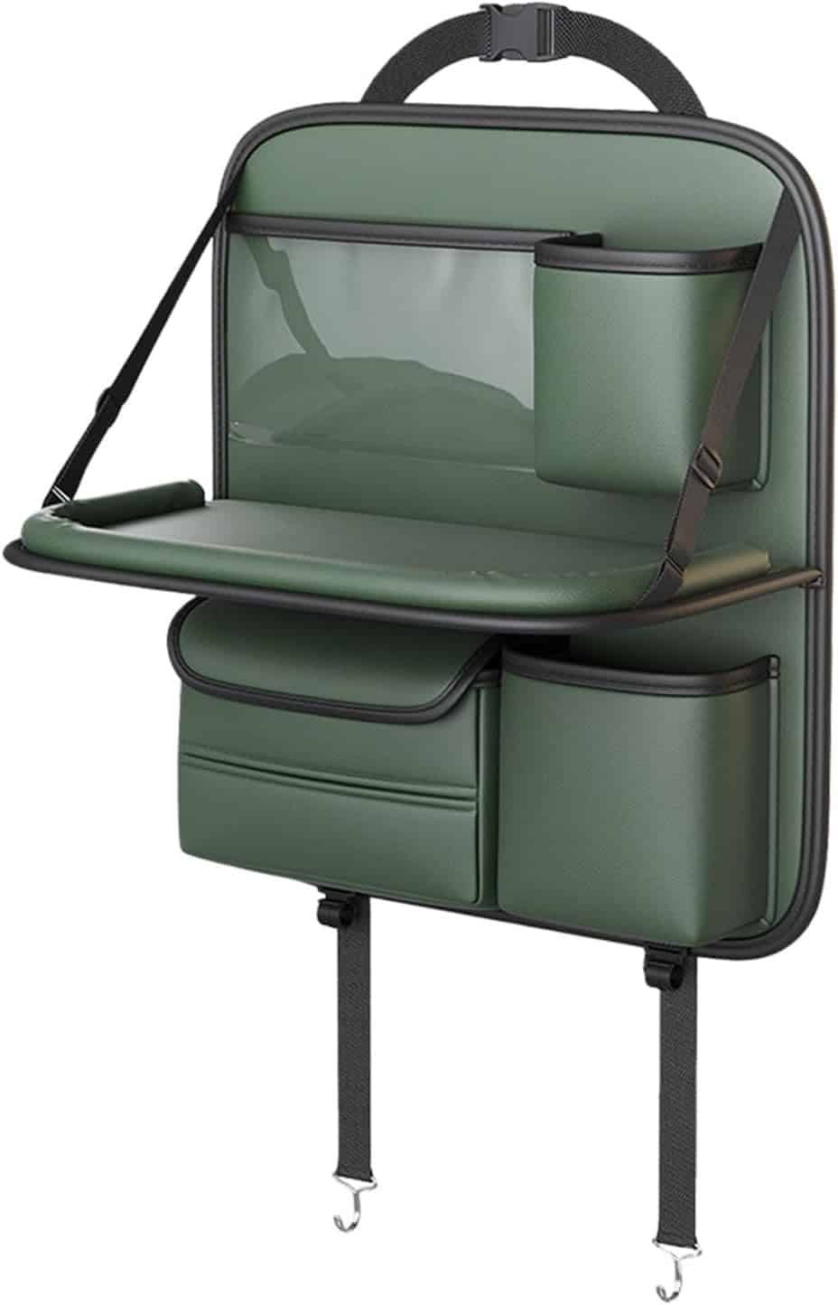 green leather back seat organizer with cup holder, tray table, and storage pockets.