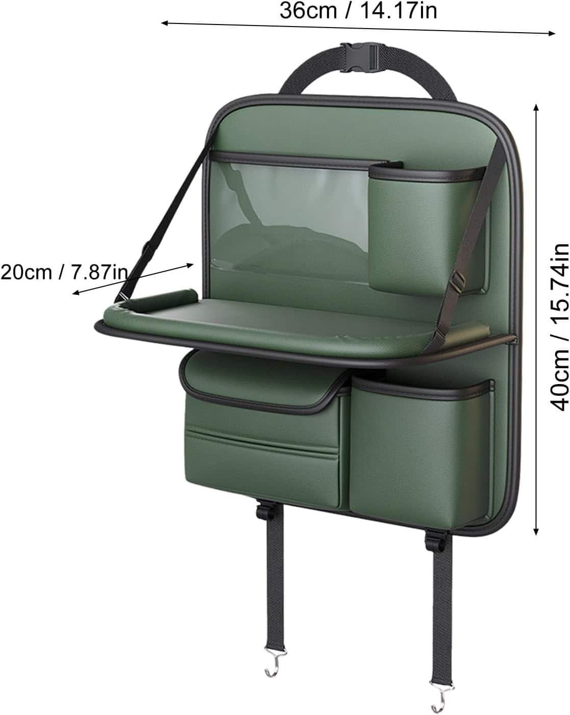 green leather back seat organizer with cup holder, tray table, and storage pockets.