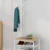 Modern white coat rack with wooden top and shoe storage, ideal for entryways.