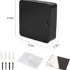 Product dimensions and accessories included – 6.6in x 6.6in x 2.3in key box with screws, wall plugs, adhesive pads, and 3M stickers.