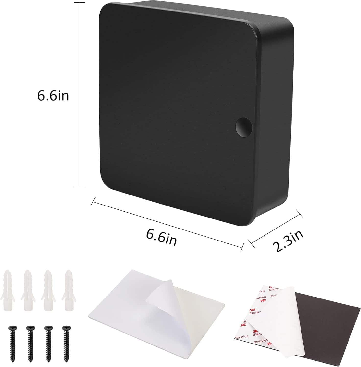 Product dimensions and accessories included – 6.6in x 6.6in x 2.3in key box with screws, wall plugs, adhesive pads, and 3M stickers.