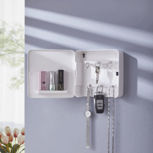 The white organizer box opened, revealing internal key hooks and shelves storing perfume and lipstick.