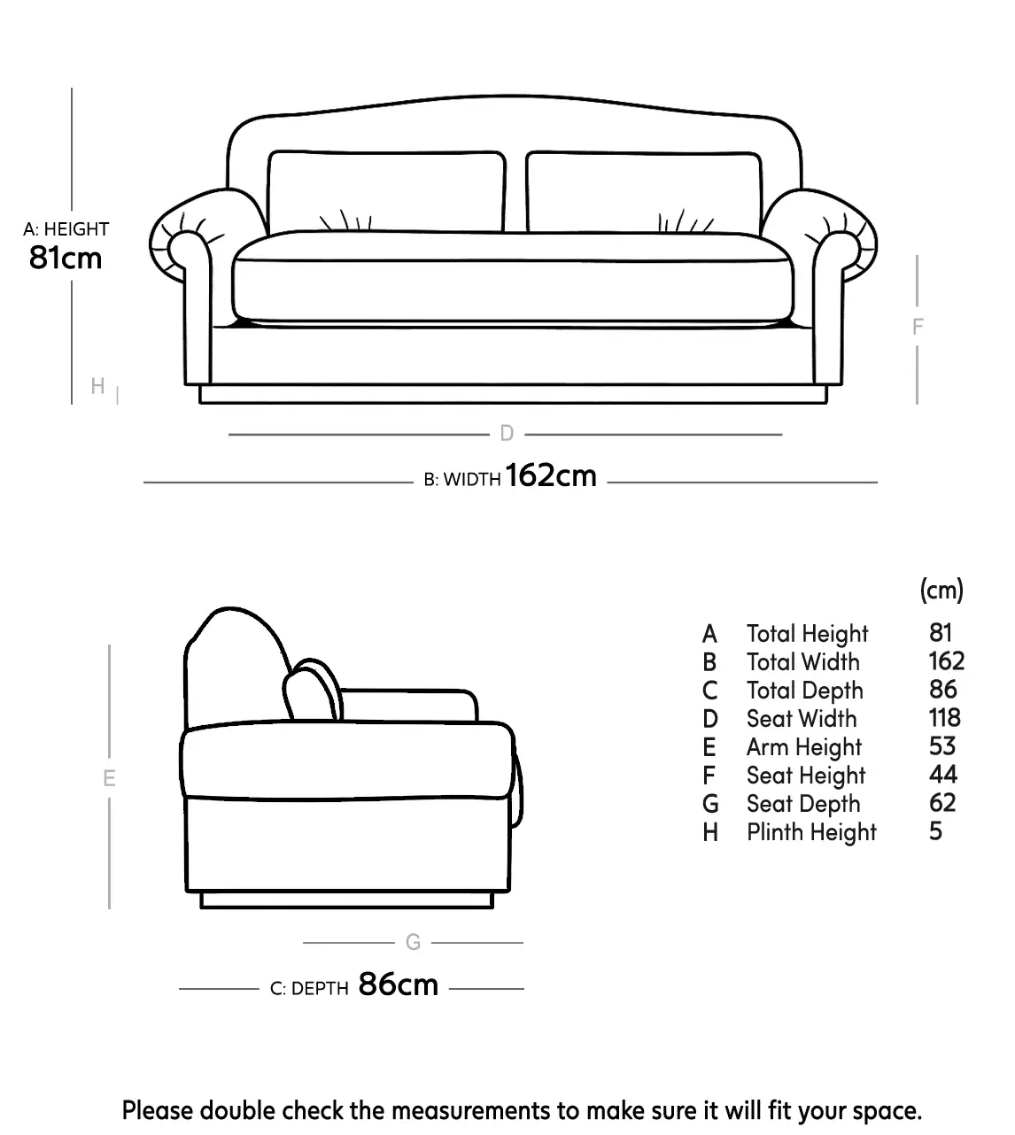 Rajford 2 seater sofa dimensions chart showing width 162 cm height 81 cm depth 86 cm and seat measurements