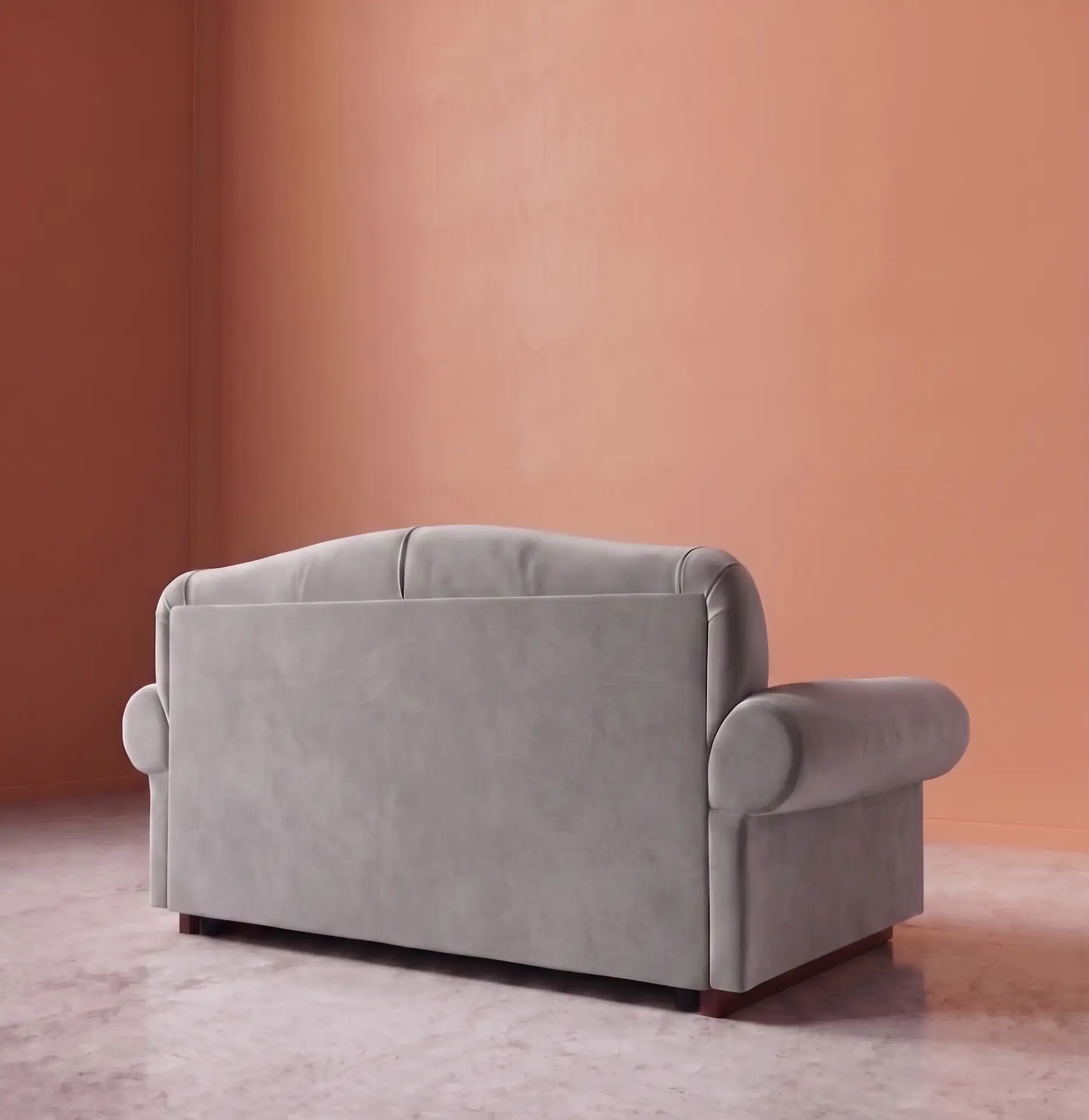 Rajford 2 seater sofa in light grey back side angle view showing rear panel and armrest design