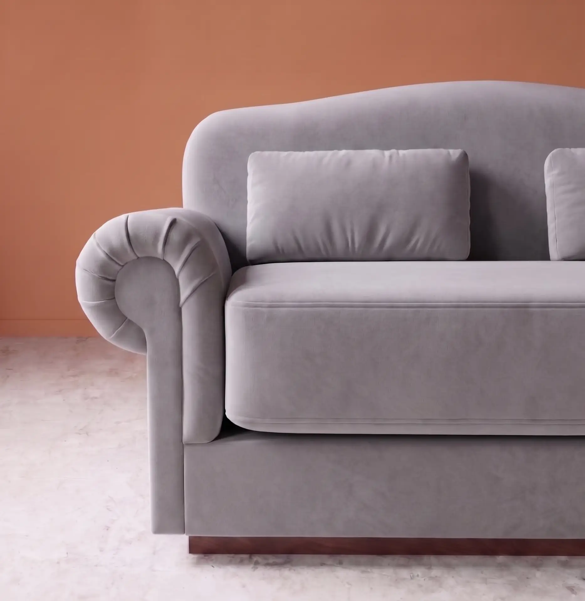 Rajford 2 seater sofa in light grey close up showing armrest detail cushion and upholstery texture