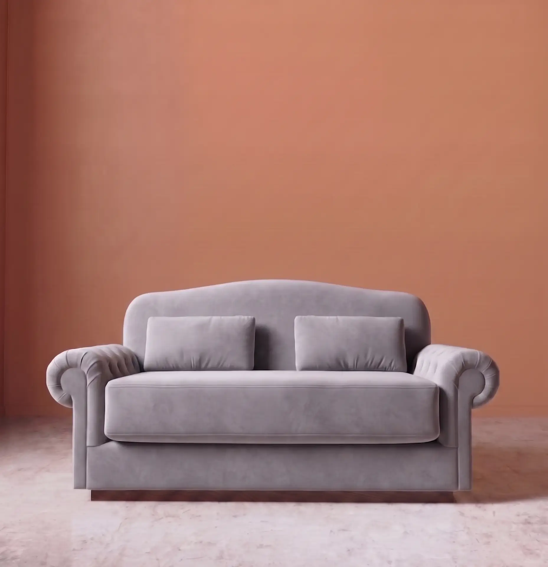 Rajford 2 seater sofa in light grey front view with curved backrest and plush cushions