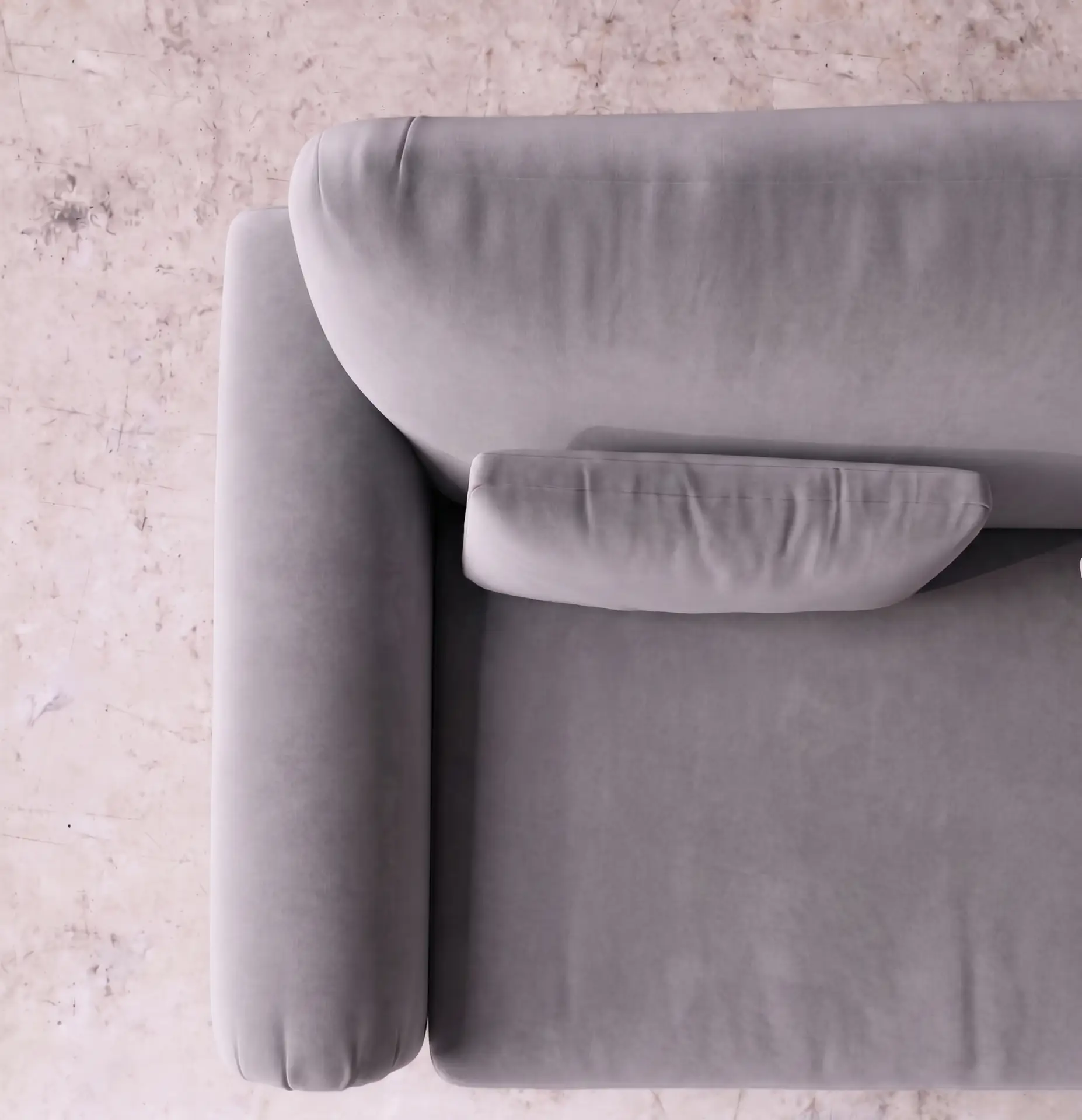 Rajford 2 seater sofa in light grey top view showing seat space cushions and curved backrest