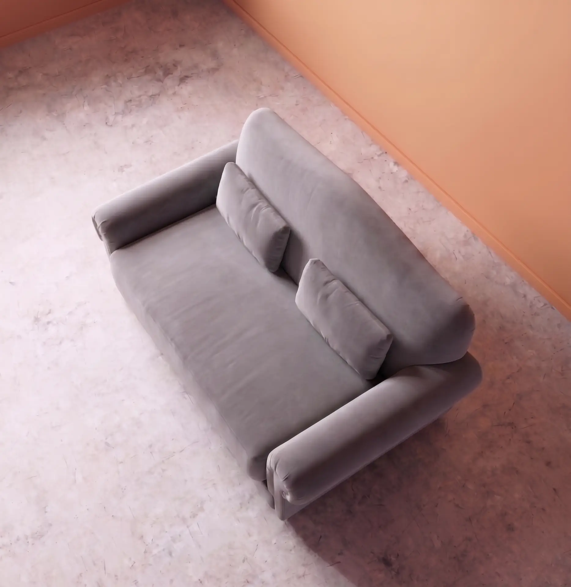 Rajford 2 seater sofa in light grey top perspective view showing overall shape and seating design