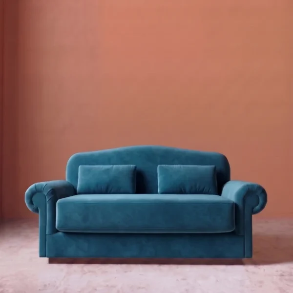 Rajford 2 seater sofa in teal blue front view with curved backrest and plush cushions