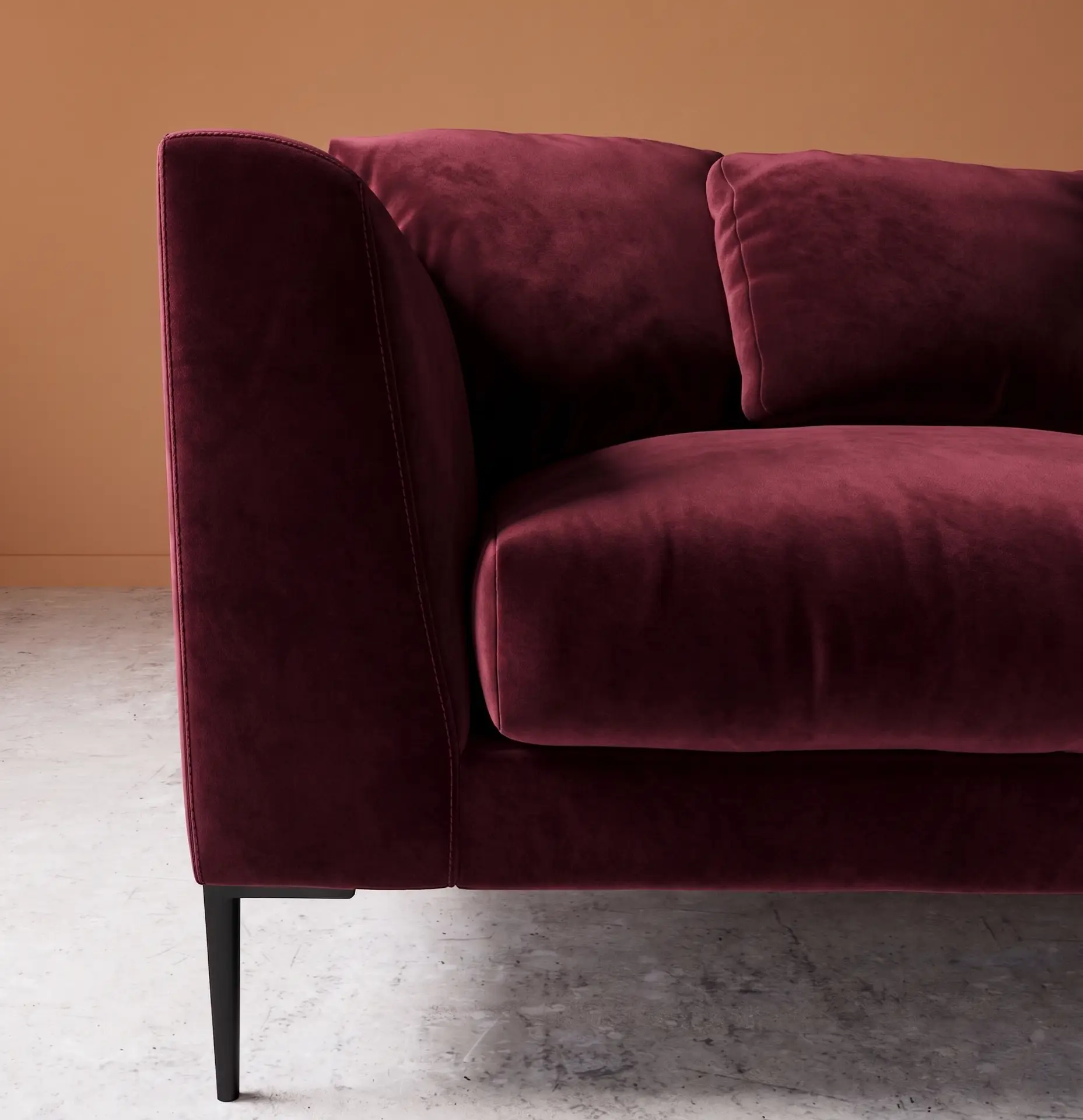 Alena two seater sofa burgundy velvet armrest detail close up