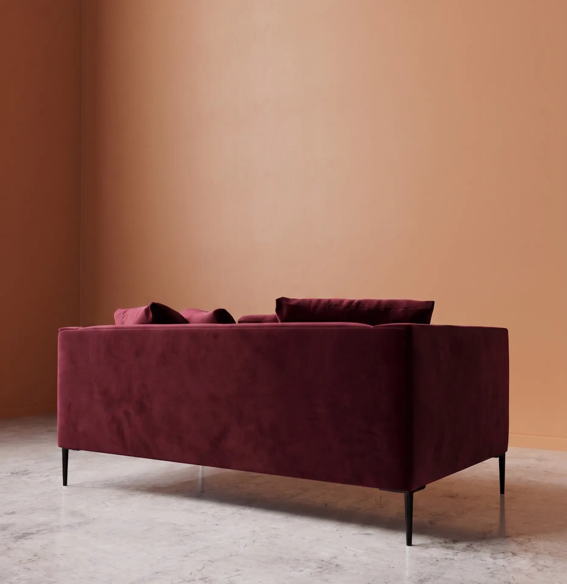 Alena burgundy two seater sofa back view modern velvet sofa with metal legs