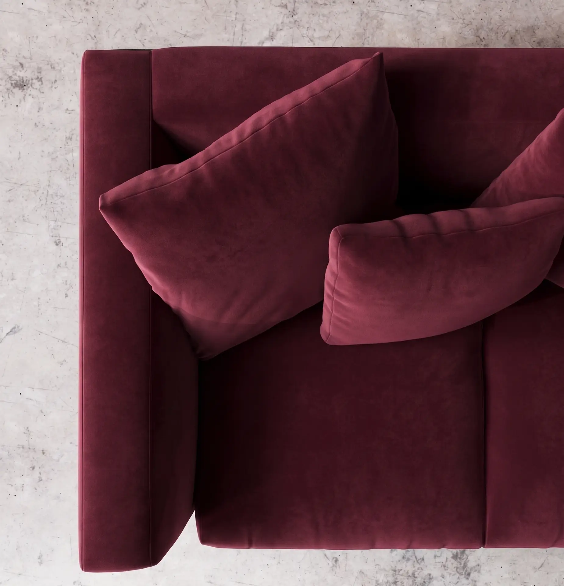 Alena sofa cushion detail burgundy velvet soft seating close up