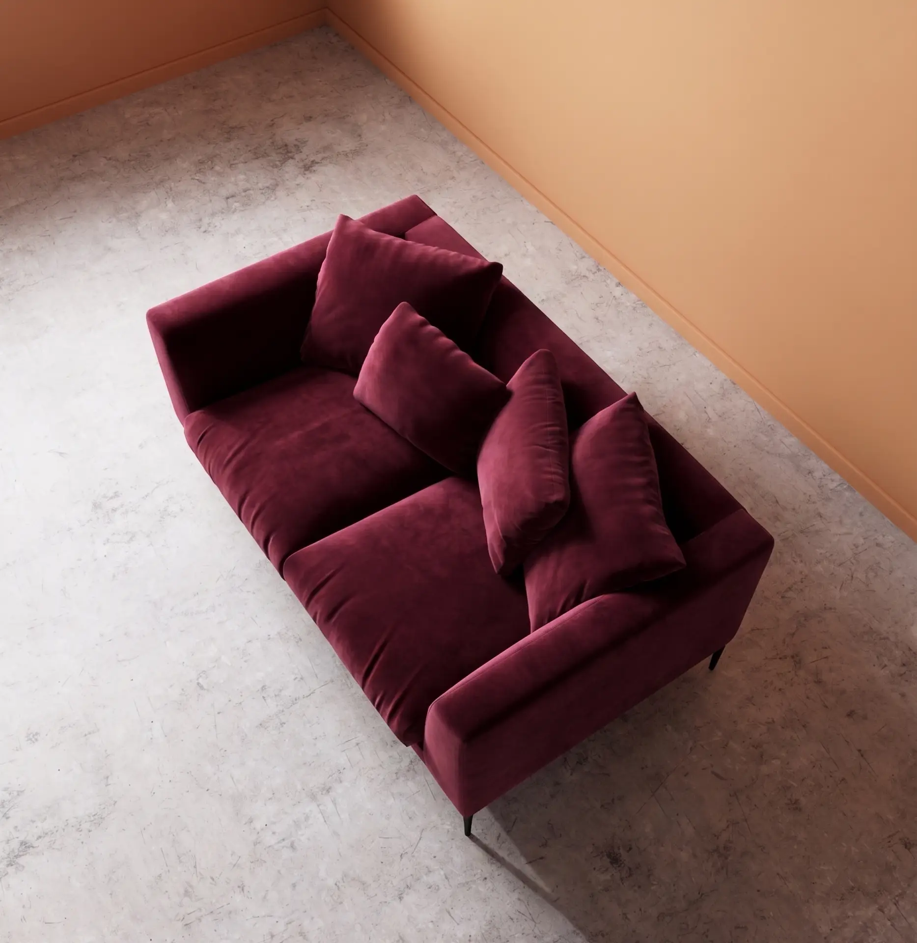 Alena two seater sofa top angle burgundy velvet compact modern sofa