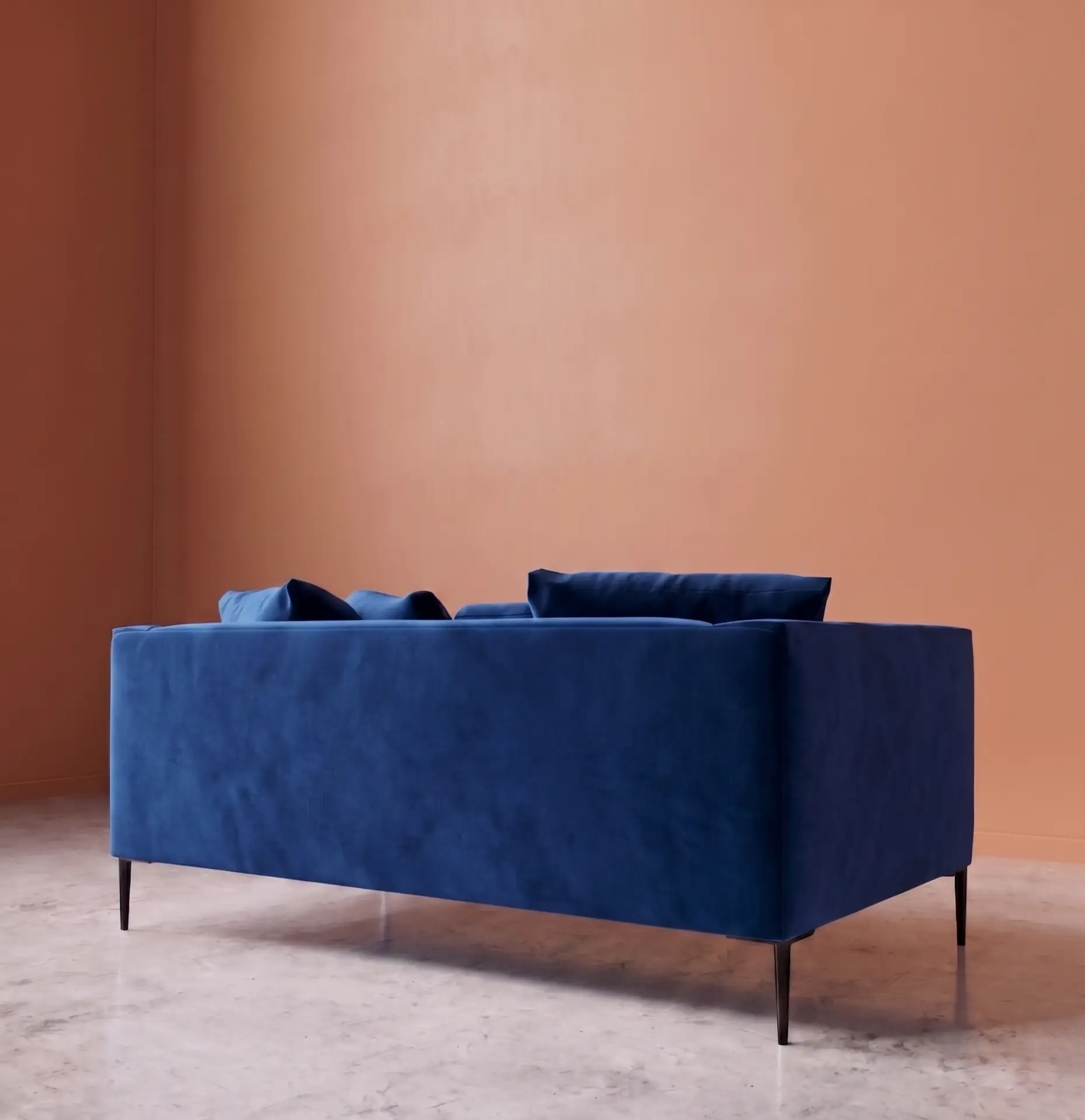 Alena two seater sofa cobalt blue velvet back view modern sofa India