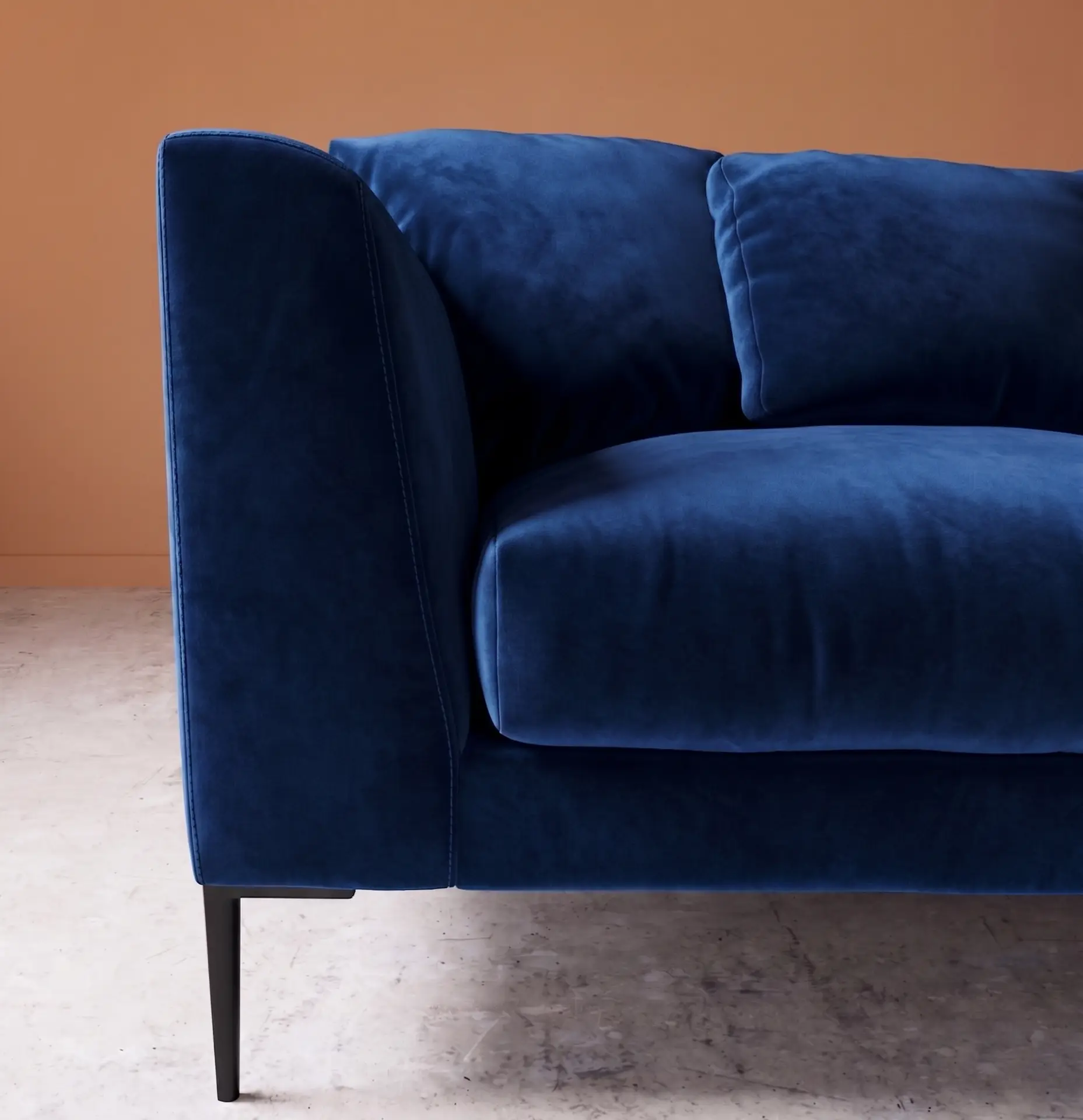 Alena cobalt blue sofa armrest detail velvet texture close up