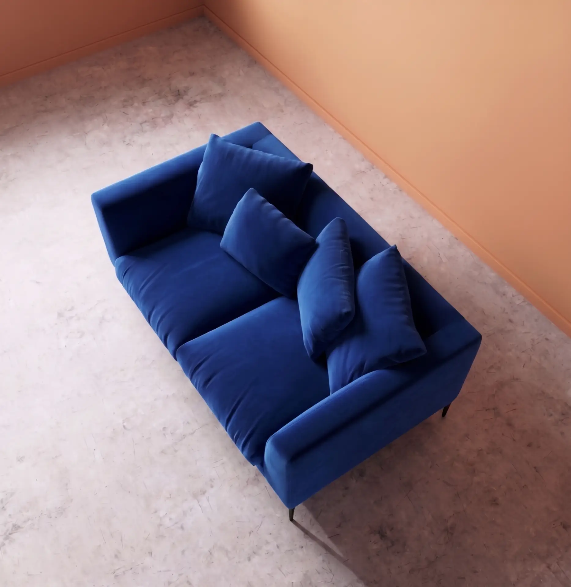 Alena two seater sofa top angle cobalt blue compact living room sofa