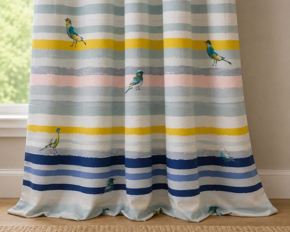 Multicolor Striped Bird Printed Dimout Curtain - Image 2