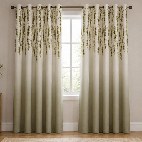 White Green Leaf Printed Dimout Curtain