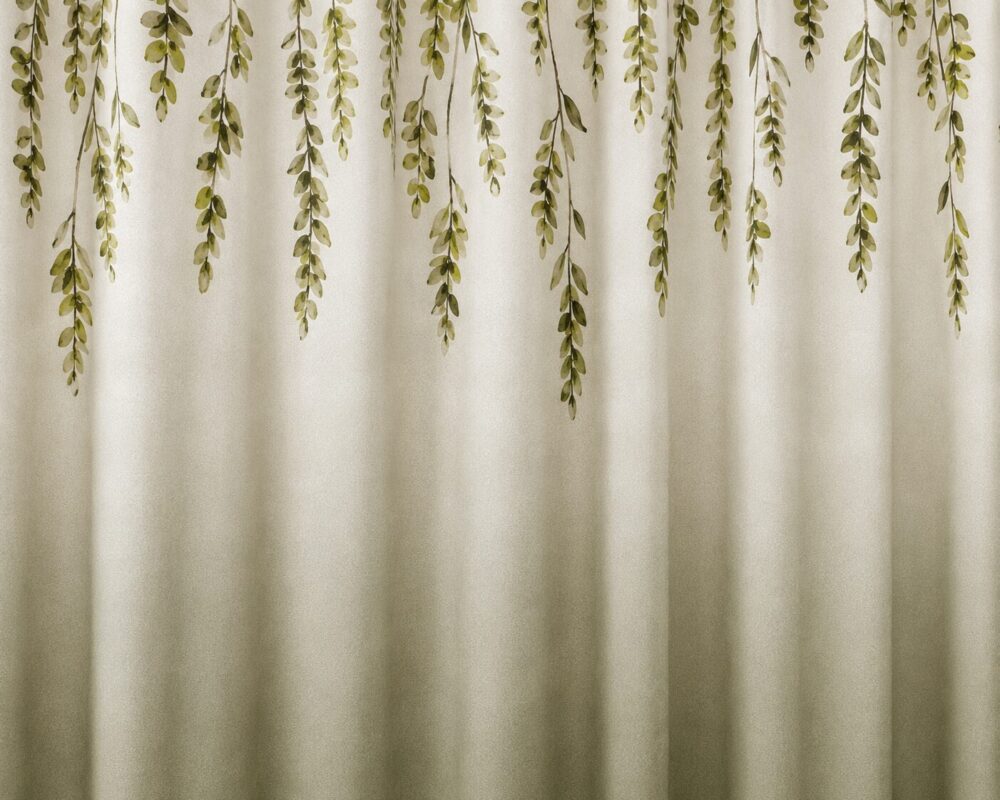 White Green Leaf Printed Dimout Curtain - Image 4