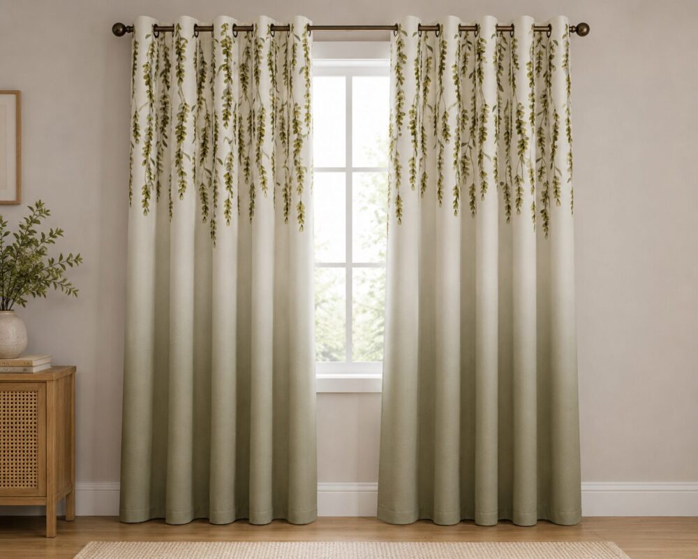 White Green Leaf Printed Dimout Curtain