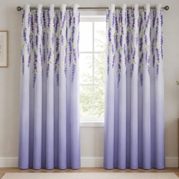 White Lavender Leaf Printed Dimout Curtain
