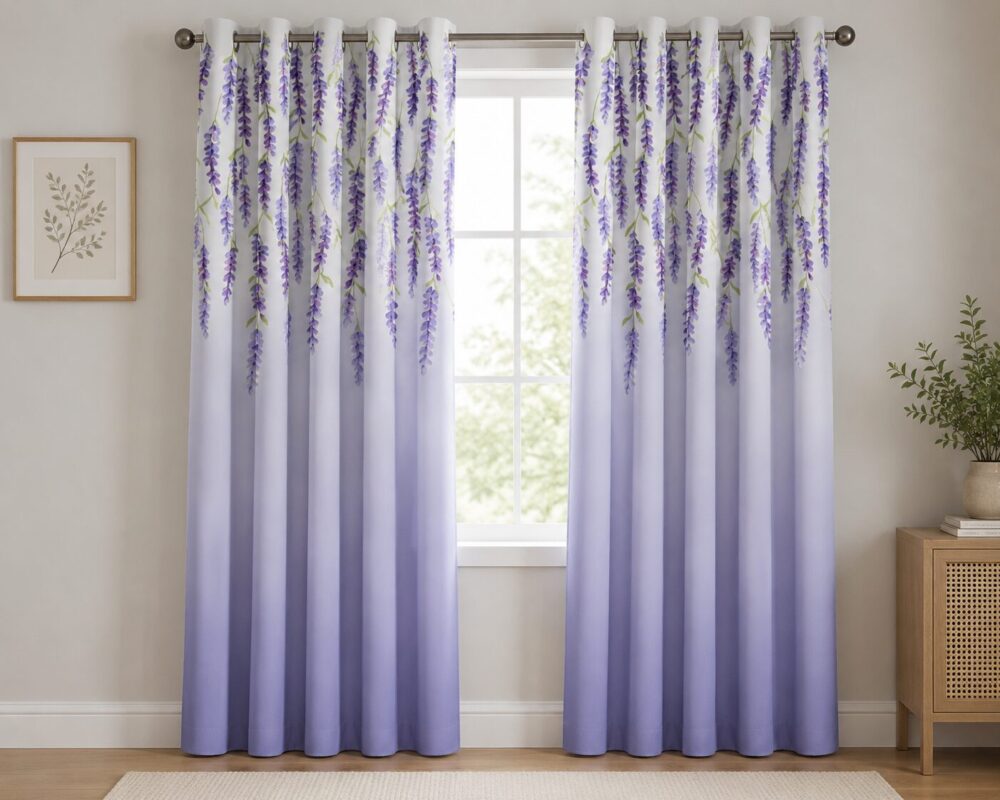 White Lavender Leaf Printed Dimout Curtain