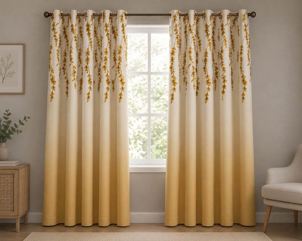 White Yellow Leaf Printed Dimout Curtain