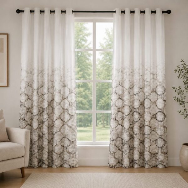 White Brown Geometric Printed Dimout Curtain