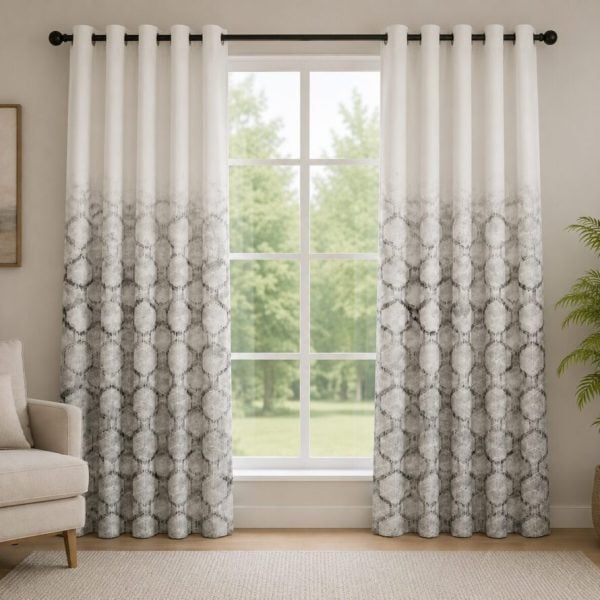 White Grey Geometric Printed Dimout Curtain