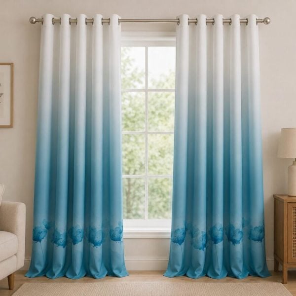 Azure Bloom Ombre Printed Eyelet Curtain - Light Blue