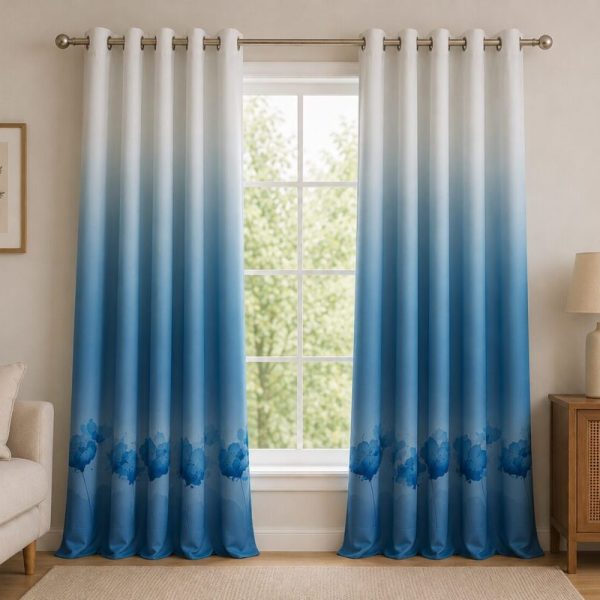 Azure Bloom Ombre Printed Eyelet Curtain - Dark Blue