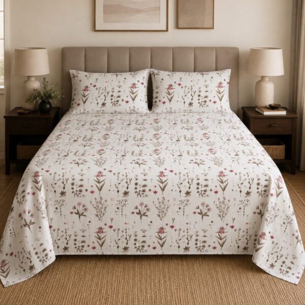 Ivory Blush Botanical King Size Bedsheet with 2 Pillow Covers