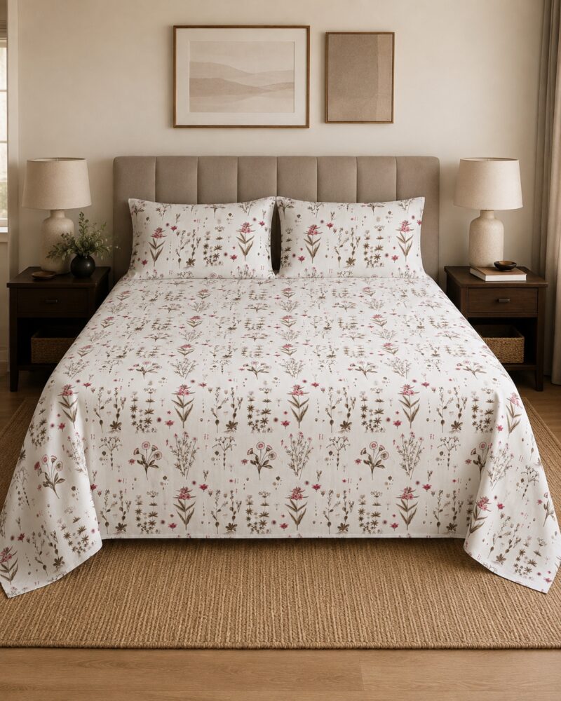 Ivory Blush Botanical King Size Bedsheet with 2 Pillow Covers