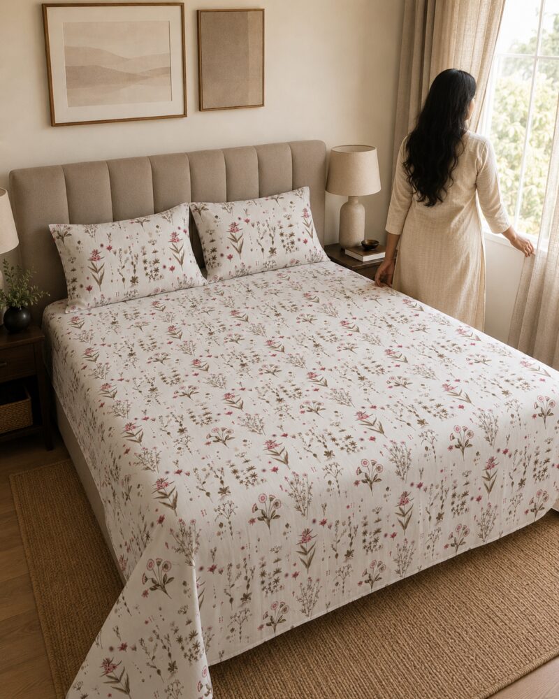 Ivory Blush Botanical King Size Bedsheet with 2 Pillow Covers - Image 3