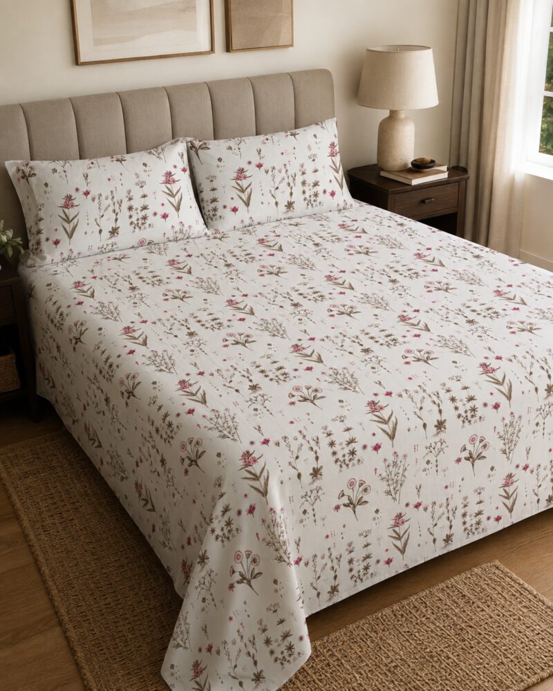 Ivory Blush Botanical King Size Bedsheet with 2 Pillow Covers - Image 4