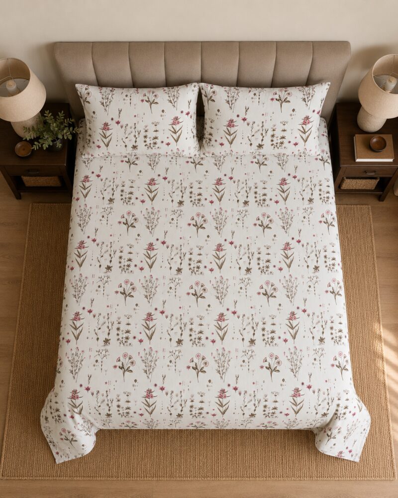 Ivory Blush Botanical King Size Bedsheet with 2 Pillow Covers - Image 5