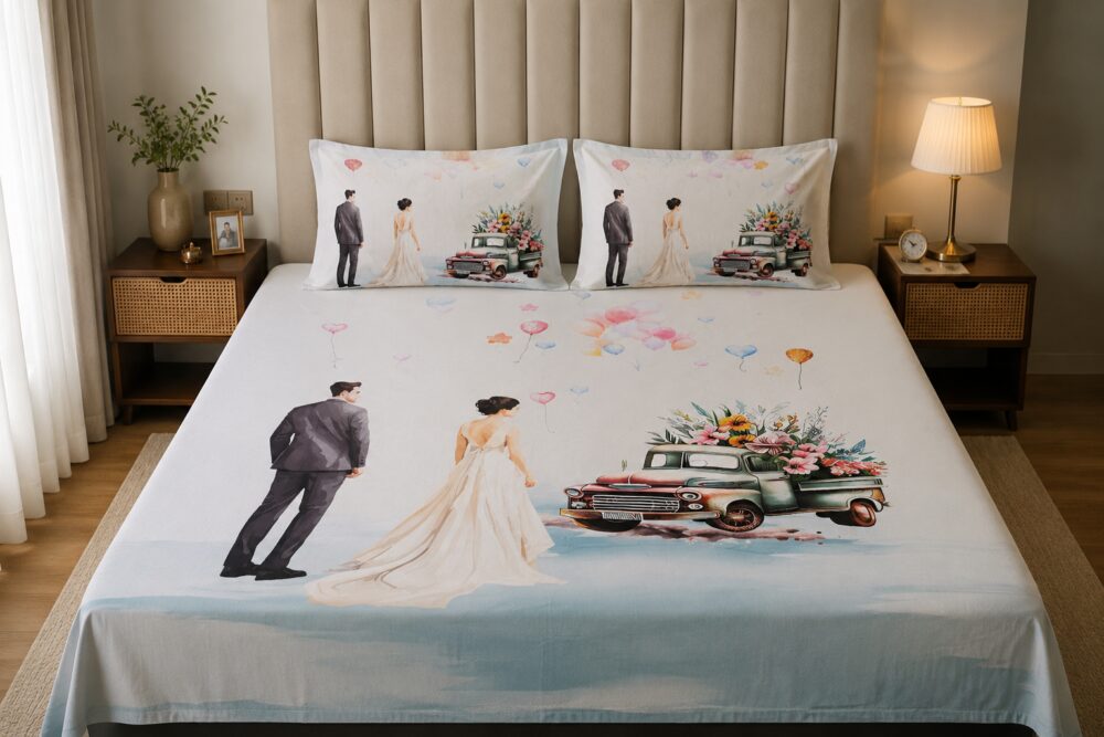 Wedding Couple Print King Size Bedsheet with 2 Pillow Covers - Image 4
