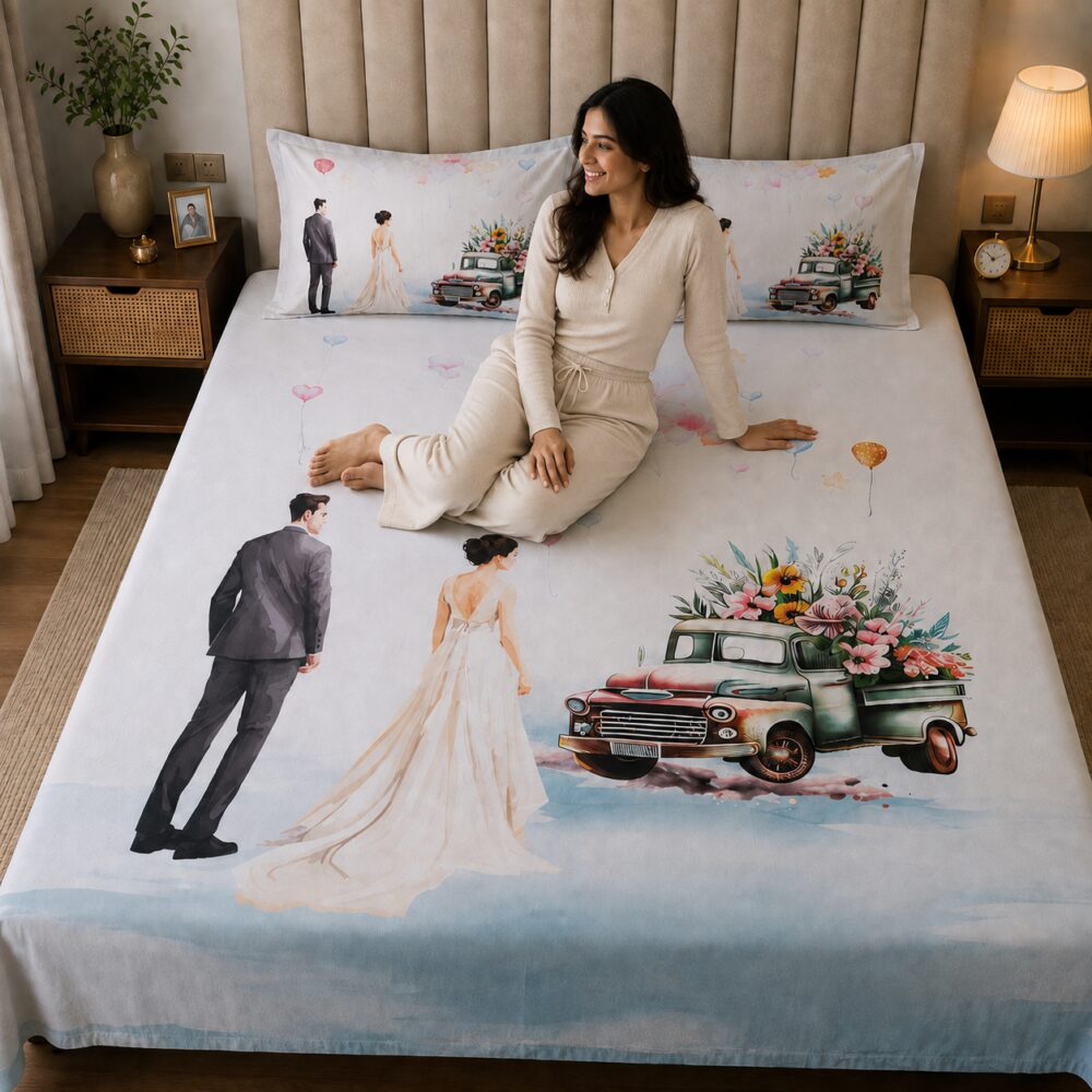 Wedding Couple Print King Size Bedsheet with 2 Pillow Covers - Image 3