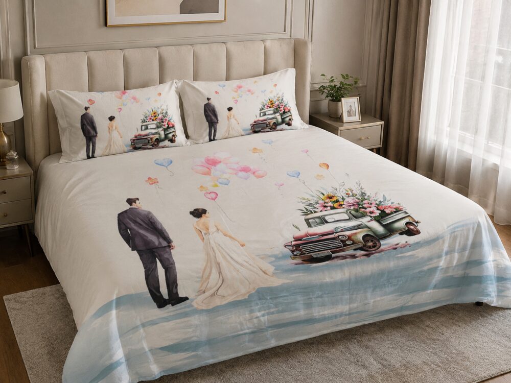 Wedding Couple Print King Size Bedsheet with 2 Pillow Covers - Image 2