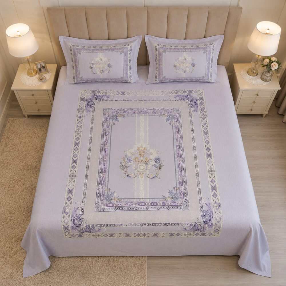 Lavender Floral Panel King Size Bedsheet with 2 Pillow Covers