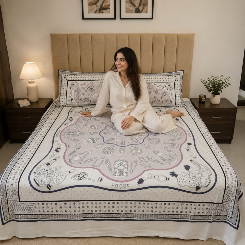 Ivory Perfume Print King Size Bedsheet with 2 Pillow Covers - Image 4