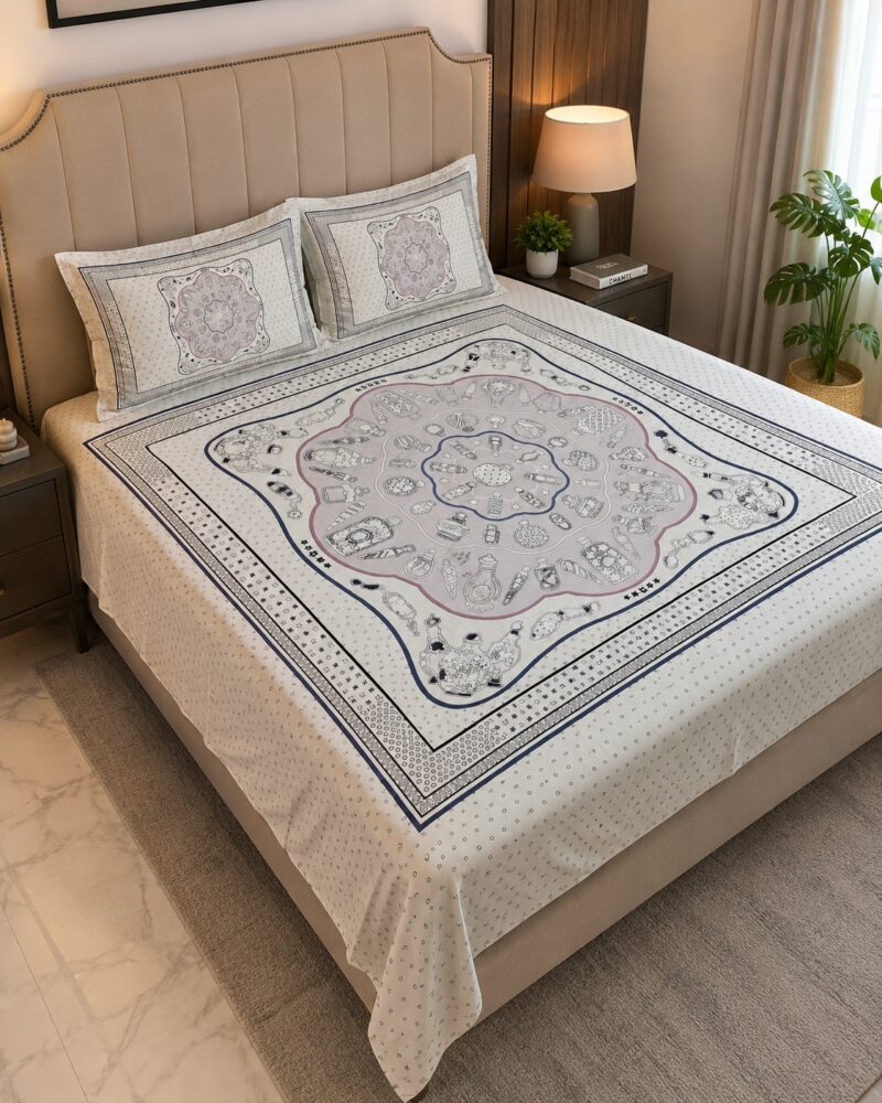Ivory Perfume Print King Size Bedsheet with 2 Pillow Covers - Image 3