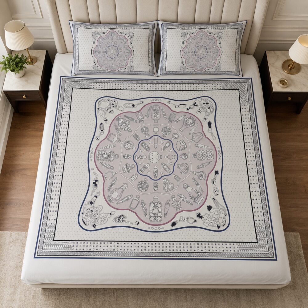 Ivory Perfume Print King Size Bedsheet with 2 Pillow Covers - Image 2