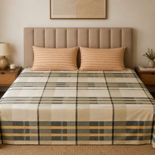 Ivory Charcoal Check King Size Bedsheet with 2 Contrast Pillow Covers