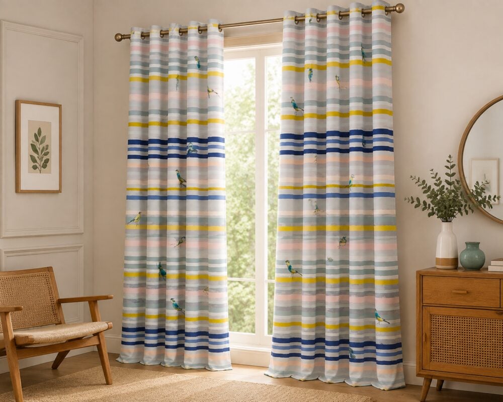 Multicolor Striped Bird Printed Dimout Curtain - Image 3