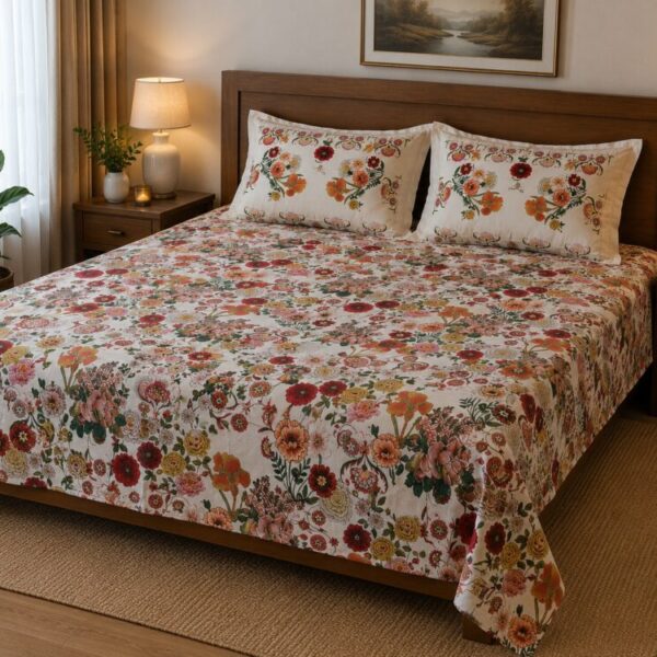 Ivory Multicolour Floral King Size Bedsheet with 2 Pillow Covers