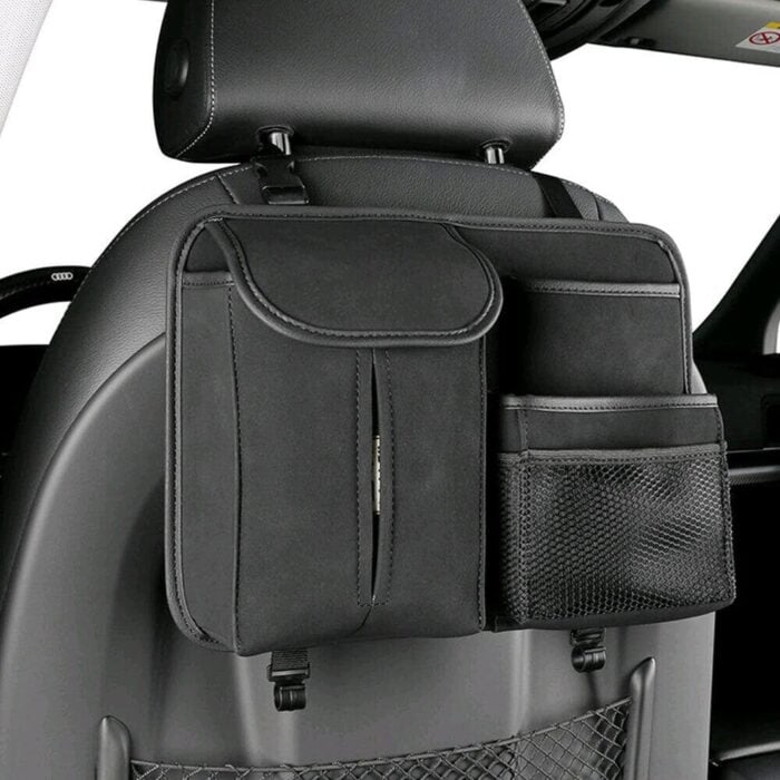 Black Car Back Seat Organizer with multiple storage compartments