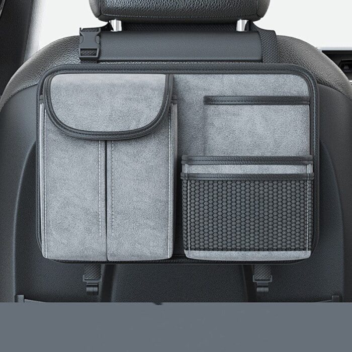 Grey Car Back Seat Organizer with multiple storage compartments
